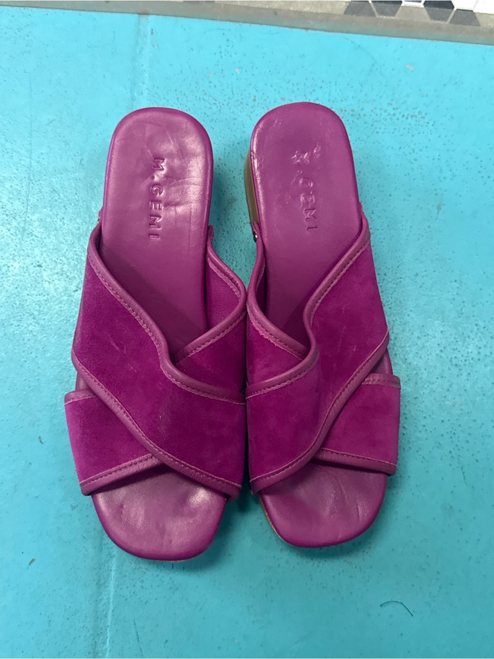 M. Gemi Magenta Suede Crossover Slide Mules